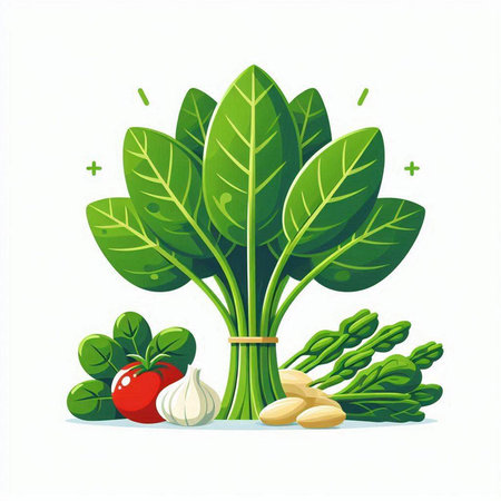 Spinach, tomatoes, onion and garlic. Vector illustration.のイラスト素材