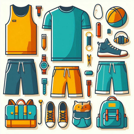 Set of sport clothing and accessories icons. Vector illustration in flat styleのイラスト素材
