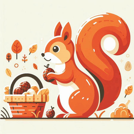 Squirrel with basket of acorns. Vector illustration in flat style.のイラスト素材