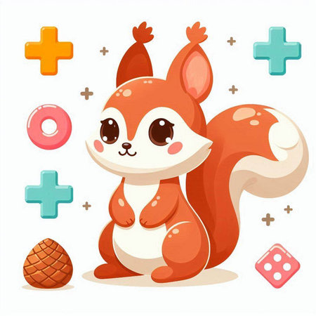 Cute cartoon squirrel with different icons on white background. Vector illustration.のイラスト素材