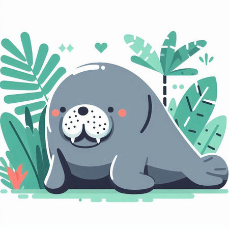 Vector illustration of a cute cartoon walrus in a tropical forest.のイラスト素材