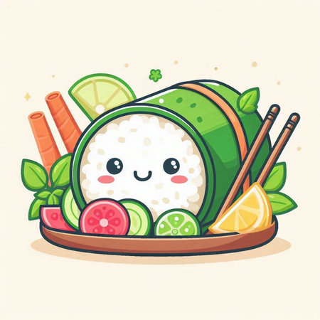 Illustration of kawaii rice ball with chopsticks and vegetablesのイラスト素材