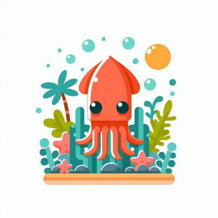 Cute cartoon octopus on the seashore. Vector illustrationのイラスト素材