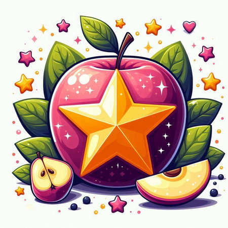 Red apple with star and leaves on white background. Vector illustration.のイラスト素材