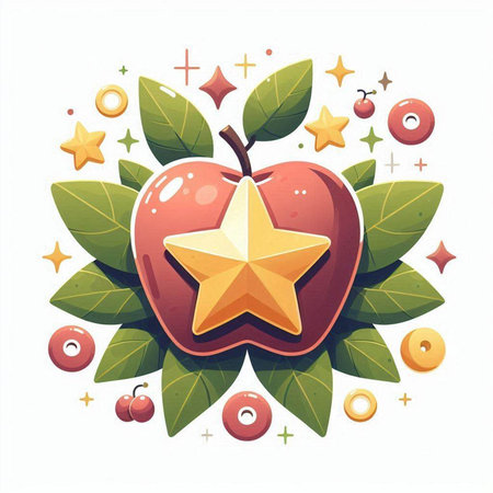 Red apple with star and green leaves on white background. Vector illustration.のイラスト素材