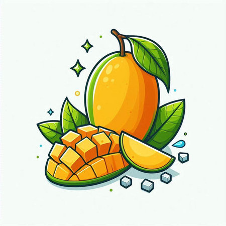 Mango fruit with green leaves isolated on white background. Vector illustration.のイラスト素材
