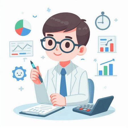 Young businessman working in office. Vector illustration in a flat style.のイラスト素材
