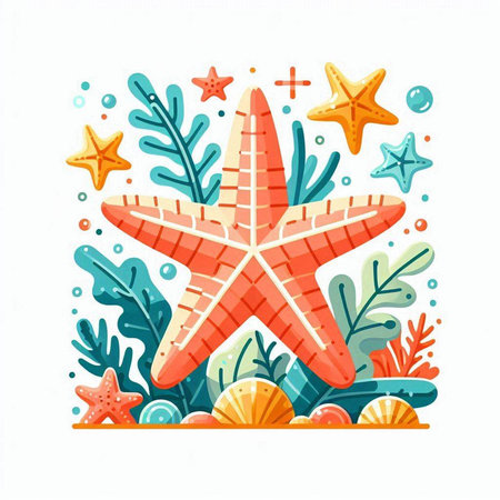 Sea star and corals. Vector illustration in flat cartoon style.のイラスト素材