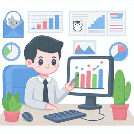 Businessman working at the office. Vector illustration in a flat style.のイラスト素材