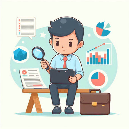 Businessman looking at report with magnifying glass. Vector illustration.のイラスト素材