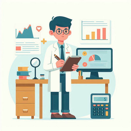 Male doctor working in the office. Vector illustration in cartoon style.のイラスト素材