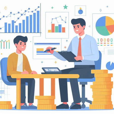 Businessman and businesswoman working with financial data. Teamwork concept. Vector illustration in flat styleのイラスト素材