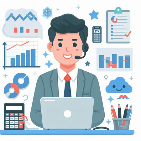 Businessman working with laptop. Vector illustration in flat cartoon style.のイラスト素材