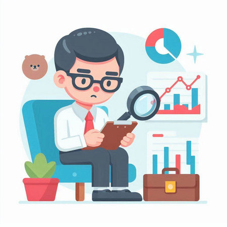 Businessman using a magnifying glass to search information. Vector illustrationのイラスト素材
