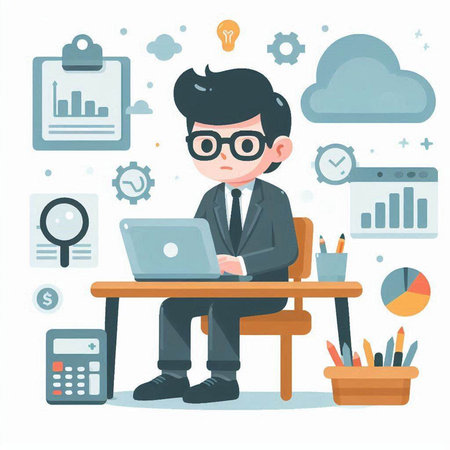 Businessman working on laptop in office. Flat style vector illustration.のイラスト素材