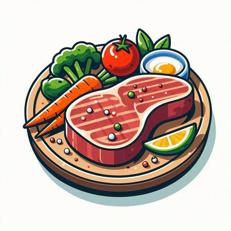 Steak on a wooden plate with vegetables. Vector illustration of a cartoon style.のイラスト素材