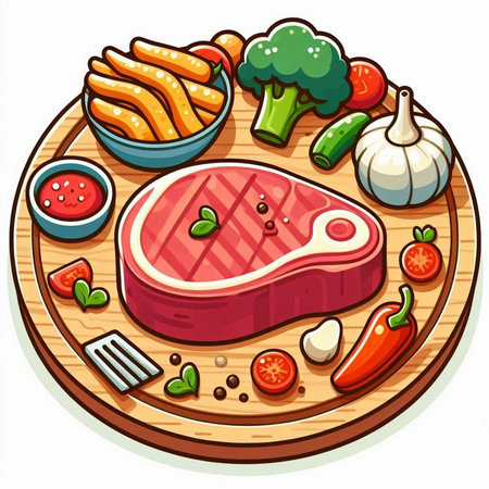 Steak and vegetables on a wooden cutting board. Vector illustration.のイラスト素材