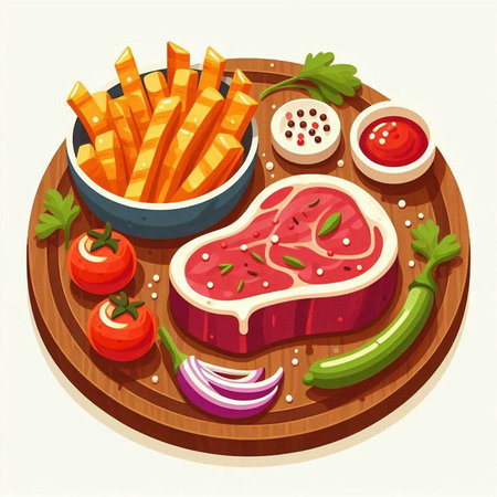 Steak, french fries and vegetables on wooden board. Vector illustrationのイラスト素材