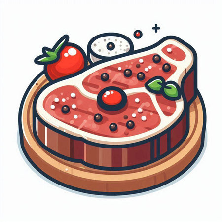 Vector illustration of a piece of meat on a round wooden board.のイラスト素材