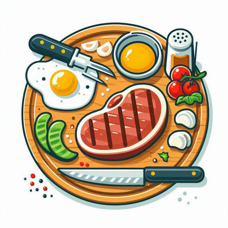 Steak with vegetables and eggs on wooden board. Vector illustration.のイラスト素材