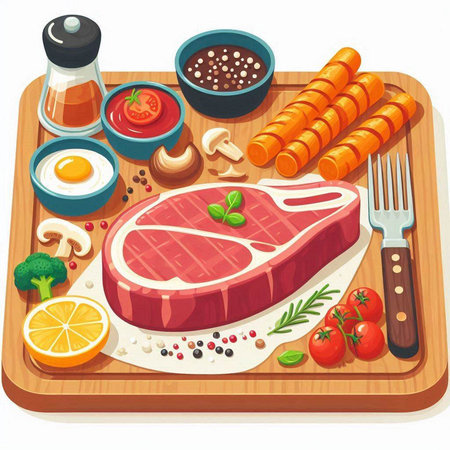 Steak with vegetables and spices on wooden board. Vector illustration.のイラスト素材