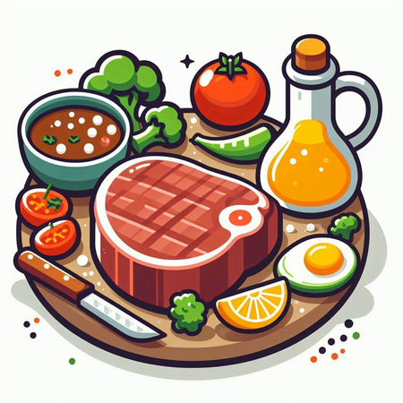 Steak and ingredients for cooking. Vector illustration in cartoon style.のイラスト素材