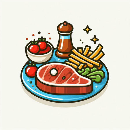 Steak, french fries and vegetables. Vector illustration in cartoon style.のイラスト素材