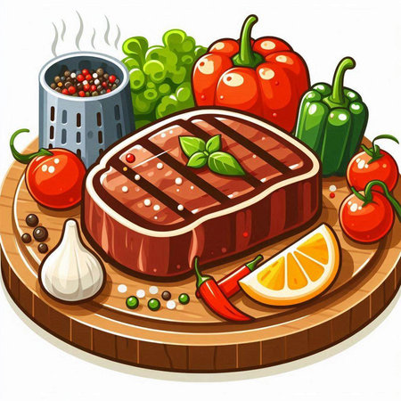 Steak with vegetables and spices on a wooden board. Vector illustration.のイラスト素材