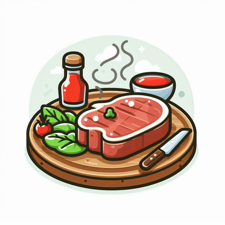 Steak and tomato sauce on wooden plate. Vector cartoon illustration.のイラスト素材
