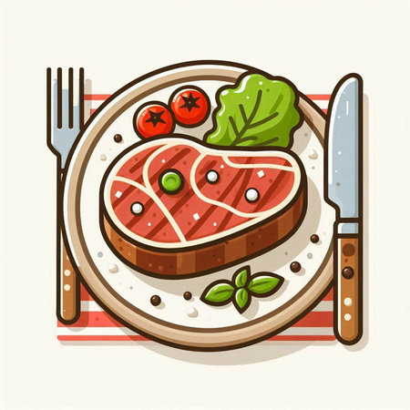 Steak on a plate with fork and knife. Vector illustration.のイラスト素材