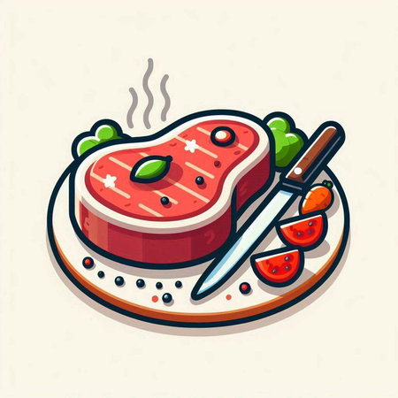 Steak with vegetables and spices on a plate. Vector illustration.のイラスト素材