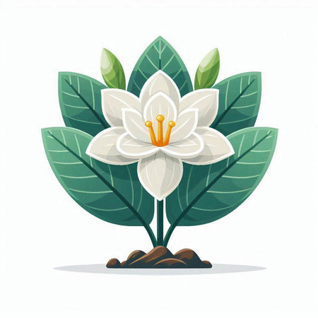 Illustration of white flower with green leaves on a white background.のイラスト素材
