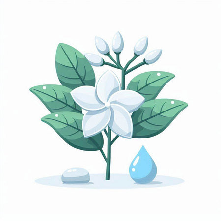 Plumeria flower with leaves and water drop. Vector illustration.のイラスト素材