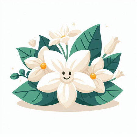 Illustration of a white flower with green leaves on a white backgroundのイラスト素材
