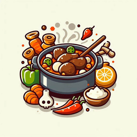 Vector illustration of a pot of meatballs with vegetables and spices.のイラスト素材