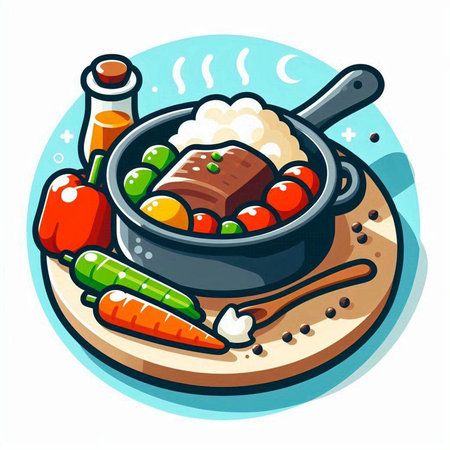 Illustration of a hot pot with rice and vegetables on a white backgroundのイラスト素材