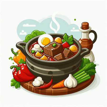 Illustration of a bowl of beef stew with vegetables on a white backgroundのイラスト素材