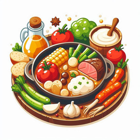 Vector illustration of a hot pot with meat, vegetables, mushrooms and spices.のイラスト素材