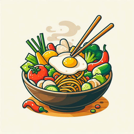 Illustration of a bowl of noodle with fried egg and vegetablesのイラスト素材