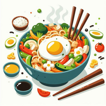 Bowl of noodle with vegetables and egg. Vector illustration.のイラスト素材