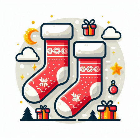 Christmas sock vector illustration. Merry Christmas and Happy New Year greeting card.のイラスト素材