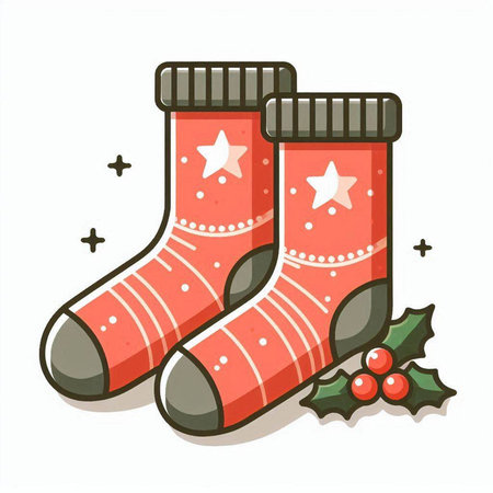 Christmas socks with stars and holly berry. Vector illustration.のイラスト素材