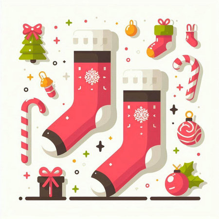 Christmas and New Year background with socks and decorations. Vector illustration.のイラスト素材