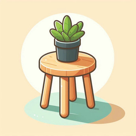Vector illustration of a potted plant on a wooden stool in cartoon styleのイラスト素材