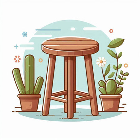 Vector illustration of a wooden stool with a table and cacti in potsのイラスト素材