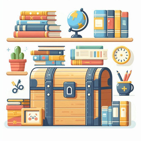 Treasure chest, books, globe and other objects. Vector illustrationのイラスト素材