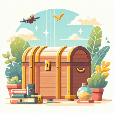 Treasure chest, books and bird. Vector illustration in flat styleのイラスト素材