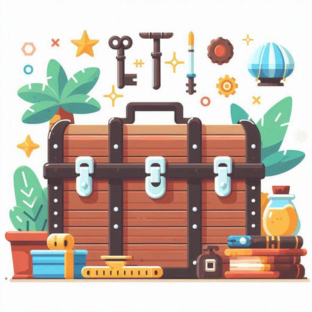 Treasure chest with various accessories. Vector illustration in flat style.のイラスト素材