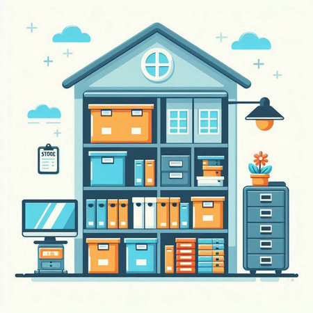 Vector illustration of a flat design of an office with furniture and equipmentのイラスト素材