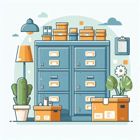 Vector illustration of office cabinet with folders and documents. Flat style.のイラスト素材